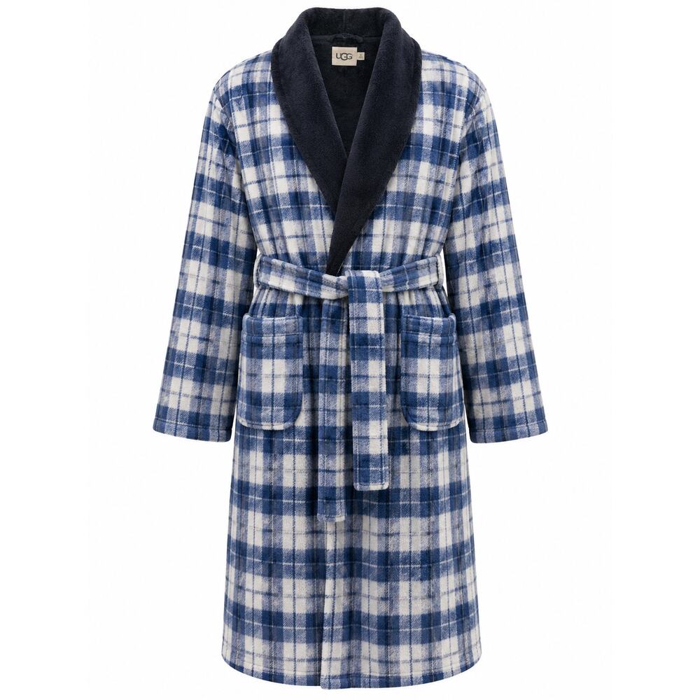 UGG Kalib Blue Plaid Plush Fleece Robe Men’s M L Belted